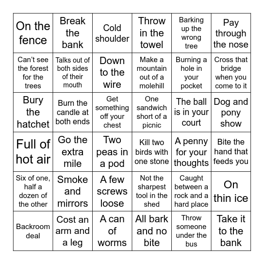 American Idioms Bingo Card