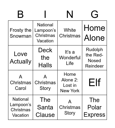 Christmas Movie Bingo Card