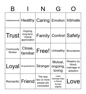 Relationship Bingo Card