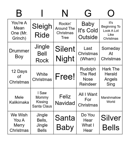 Holiday Songs Bingo Card