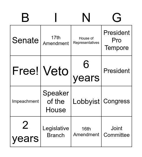 Legislative Branch Bingo Card