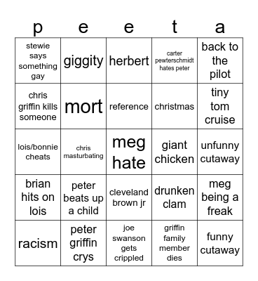 family guy bingo Card