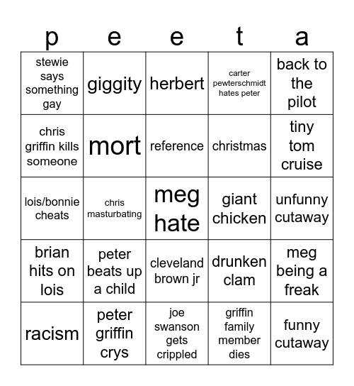 family guy bingo Card