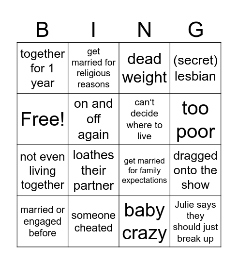 Ultimatum bingo Card