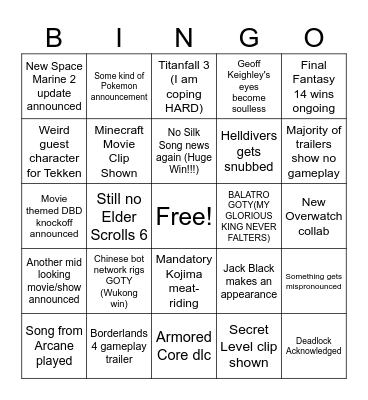 Game Awards Bingo Card