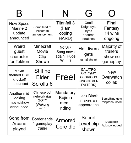 Game Awards Bingo Card