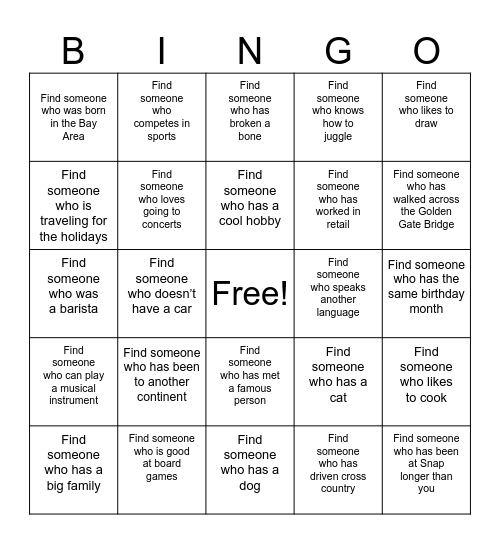 SF SNAP BINGO Card