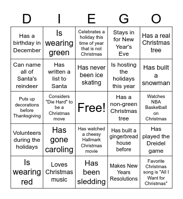 Torero Holiday Human Bingo Card