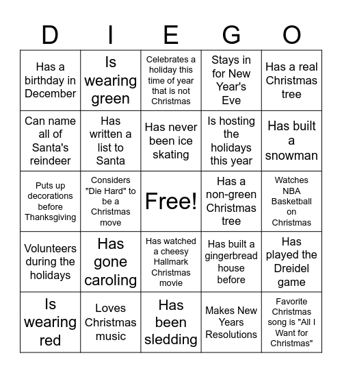 Torero Holiday Human Bingo Card