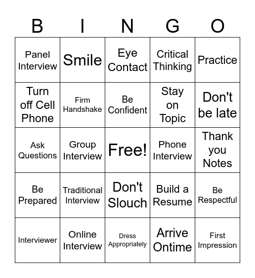 Interview Process Bingo Card