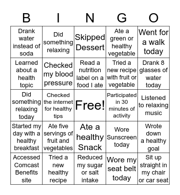 Comcast Health & Wellness Fair Bingo Card