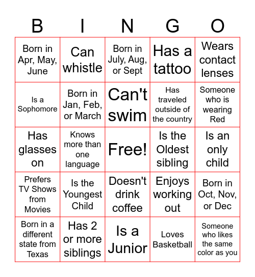 Get to Know Each Other Bingo Card