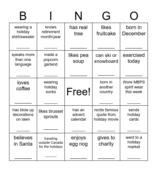 Jingle and Mingle Holiday Bingo! Bingo Card