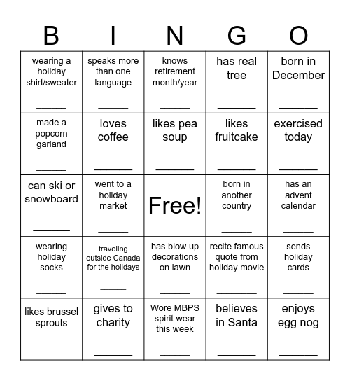Jingle and Mingle Holiday Bingo! Bingo Card