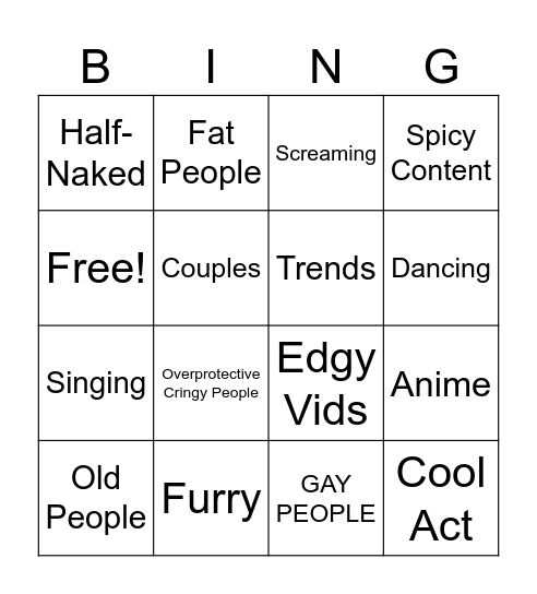 Cringe Bingo Card