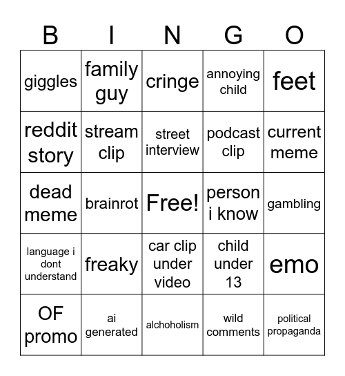 shorts Bingo Card