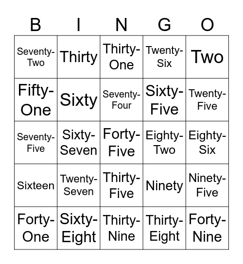 Numbers Bingo Card