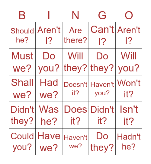 Question Tags Bingo Card