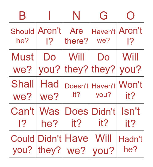 Question Tags Bingo Card