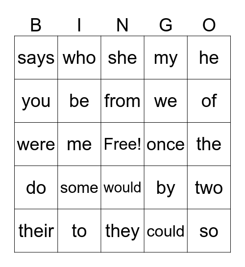 Tricky Word Bingo Card