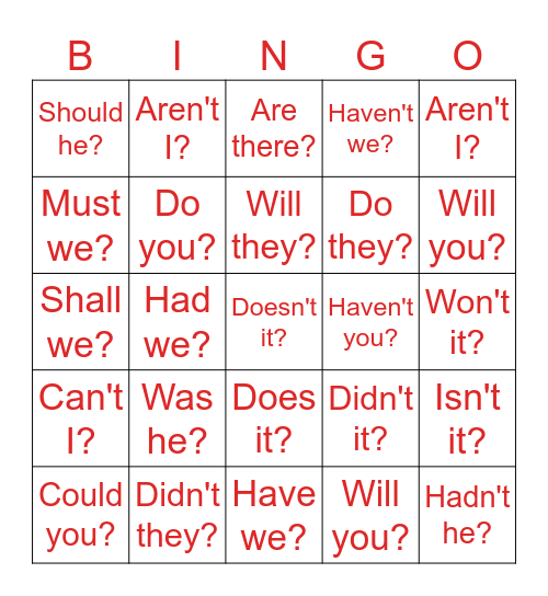 Question Tags Bingo Card