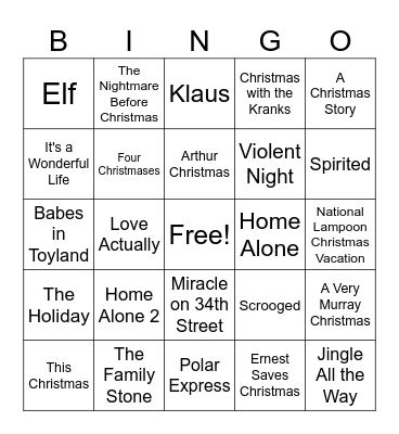 Christmas Movie Bingo Card