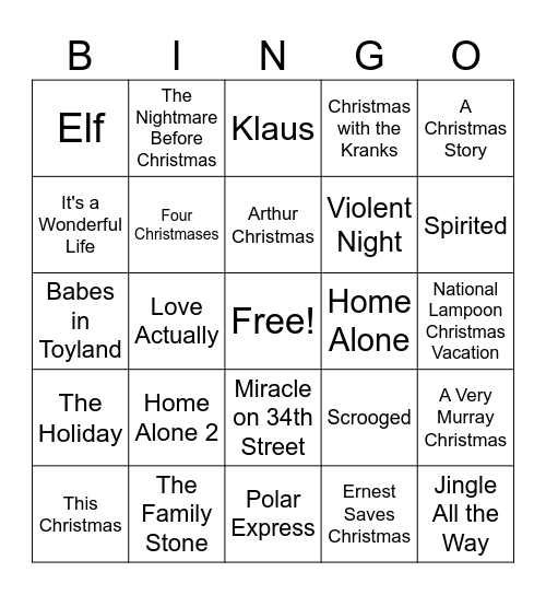 Christmas Movie Bingo Card