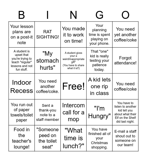 Weberwood Surprise Week BINGO Card