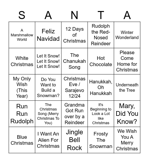 Holiday Music Bingo Card