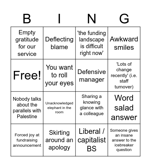 Non profit all-staff meeting bingo Card
