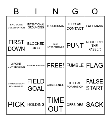 Beginner Football Terms BINGO Card