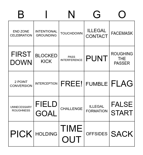 Beginner Football Terms BINGO Card