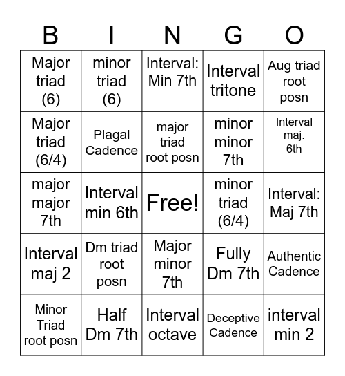 Music Theory Bingo Card