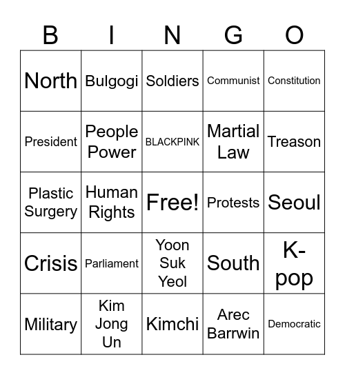 Korea Bingo Card