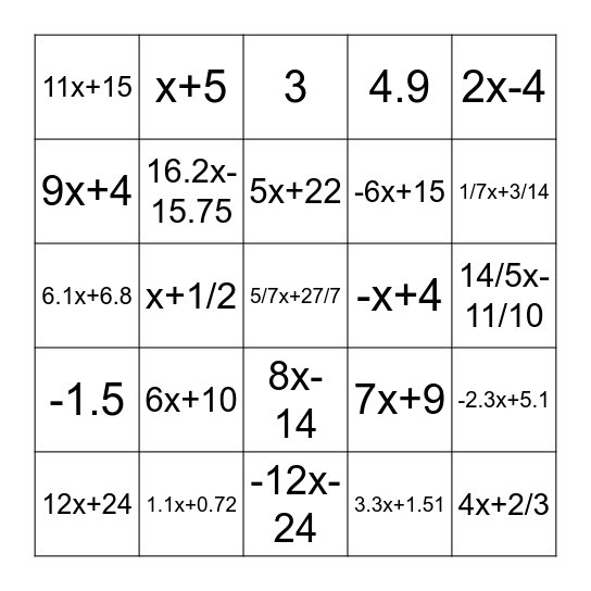 Equivalent Expressions BINGO Card