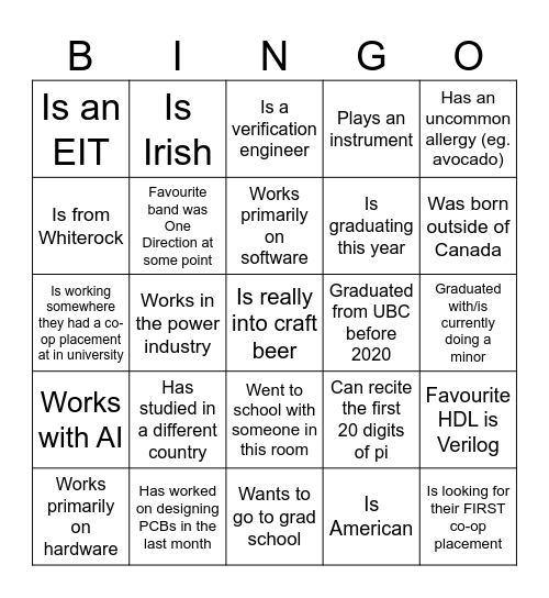 ECESS Industry + Alumni Night Bingo Card