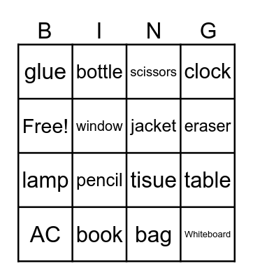 object inside the classroom Bingo Card