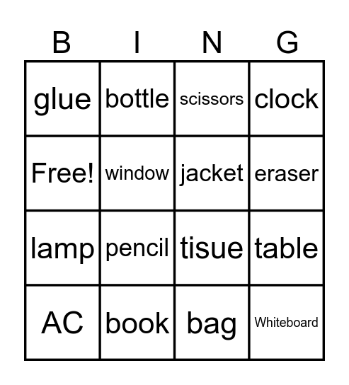 object inside the classroom Bingo Card