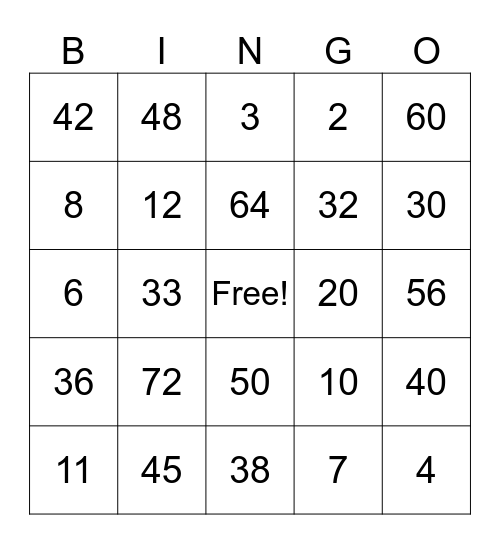Multiplication & Division Bingo Card