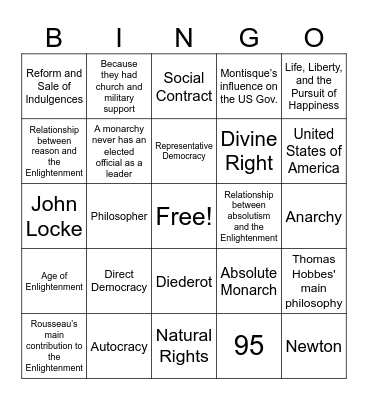 Unit 4 Test Review Bingo Card