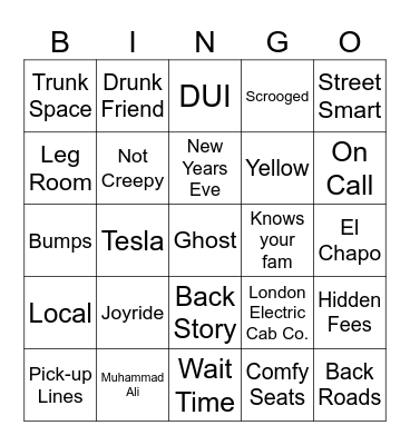 Taxi Bingo Card