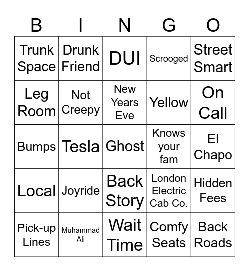 Taxi Bingo Card