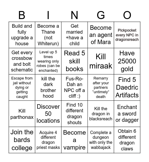 Jonathan’s Trials of Honor Bingo Card