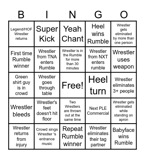 Royal Rumble Bingo Card