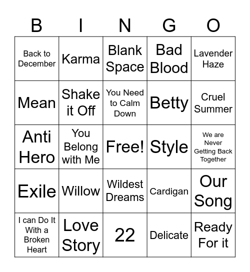 Taylor Swift Bingo Card