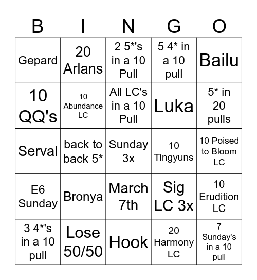 Sunday Bingo Card