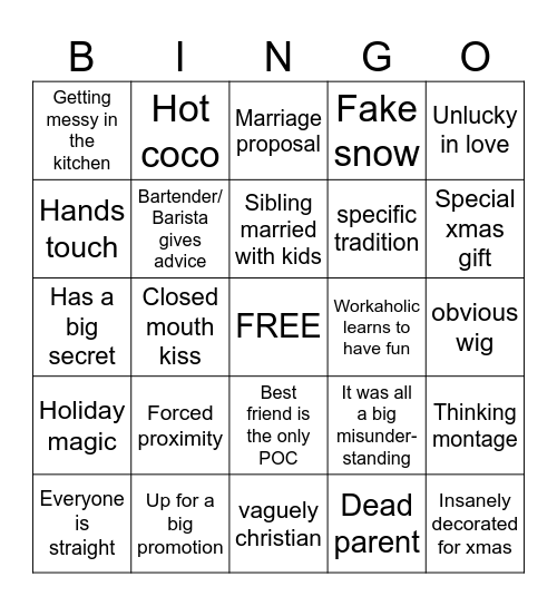 Holiday Romcom Bingo Card