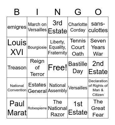 THE FRENCH REVOLUTION Bingo Card