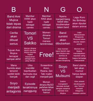 Ave Music anime bingo Card