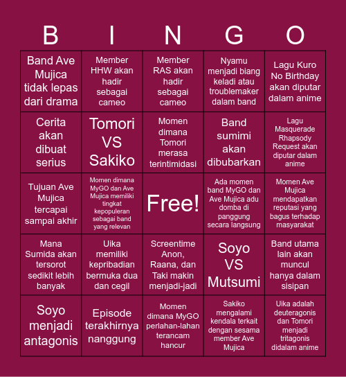 Ave Music anime bingo Card